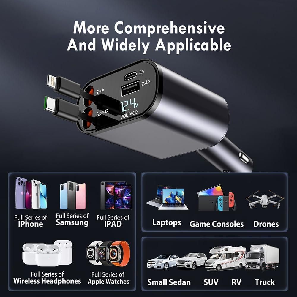 Multiple Fast Charging Retractable Car Charger – Convenient & Fast