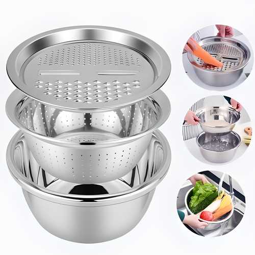 3-in-1 Multifunctional Grater Basin Set – Stainless Steel Colanders