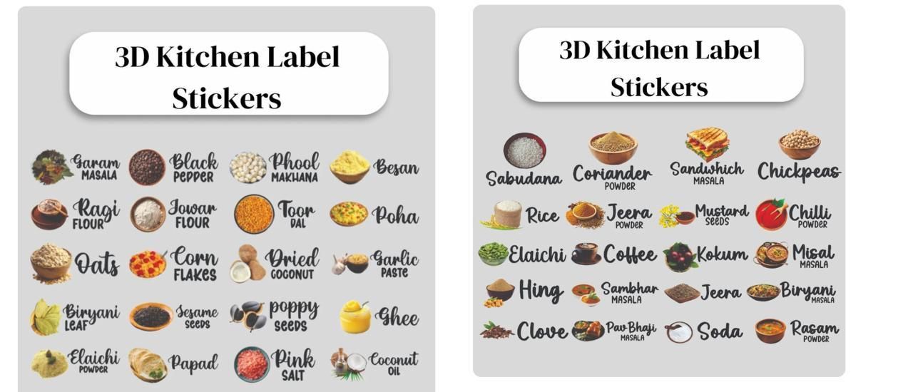 3D Waterproof Kitchen Spice Jar Labels (60 Stickers, 1 Pack)